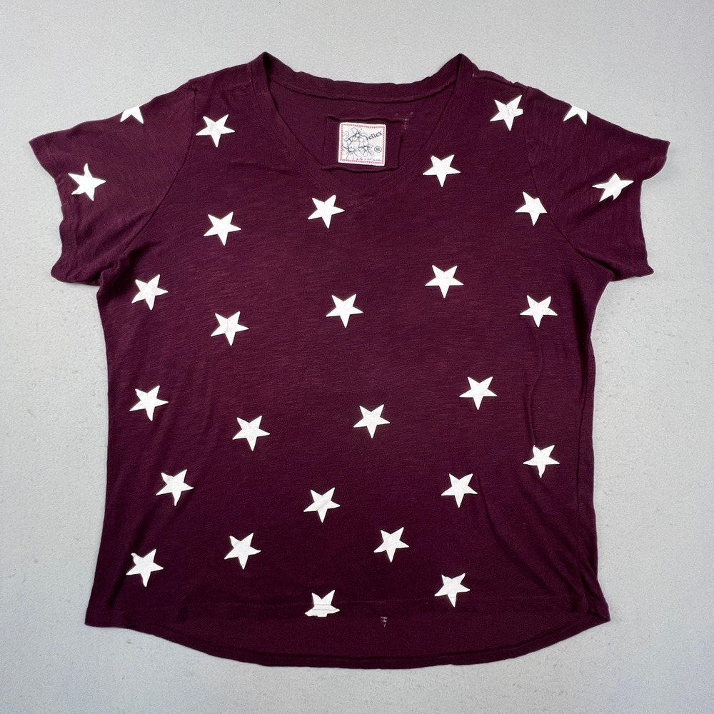 Reflex Star Print V-Neck T-Shirt Womens 3XL Burgundy Short Sleeve Slub Tee